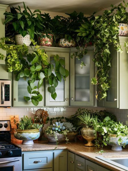 Plants Kitchen Cabinet, Flowers Above Kitchen Cabinets, Kitchen Plant Shelf Decorating Ideas, Greenery On Kitchen Cabinets, Plants Over Kitchen Cabinets, Plant On Top Of Cabinet, Kitchen Plants Aesthetic, Kitchen Top Shelf Decor Upper Cabinets, Plant Shelf In Kitchen