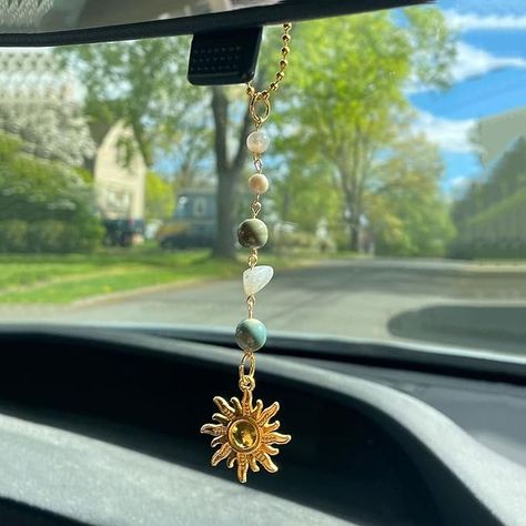 Amazon.com: Sun Hanging Car Charm,Green and Gold Rear View Mirror Accessories Cute Boho Dangling Sun Car Decor Handmade Healing Crystals Stones Ornament Gifts for Women Men (Green) : Automotive Crystal Car Charms, Car Crystals, Car Hanging Accessories, Boho Car Accessories, Mirror Car Accessories, Mirror Accessories, Stone Ornaments, Red Tourmaline, Rear View Mirror Accessories