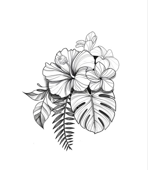 Tropical Flower Tattoo Stencil, Tropical Elephant Tattoo, Hawaiian Floral Tattoo Design, Hawaiian Foliage Tattoo, Plumeria Mandala Tattoo, Tropical Vacation Tattoo Ideas, Native Hawaiian Flower Tattoo, Costa Rican Flower Tattoo, Hibiscus Floral Tattoo