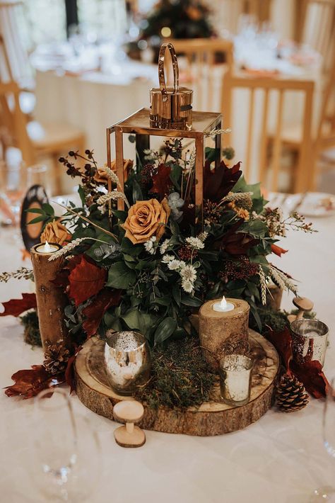 Rustic Wedding Centrepiece Idea Log Bark Candles Olegs & Rita Photography #weddingideas #rusticwedding Table Themes For Wedding, Rustic Wedding Decor Autumn, Autumn Wedding Ideas October Rustic, Rustic Wedding Centrepiece Ideas, Rustic October Wedding Decor, Woodsy Fall Wedding Decor, Tree Stump Wedding Centerpieces, Late Fall Wedding Centerpieces, Autumn Centre Piece Wedding