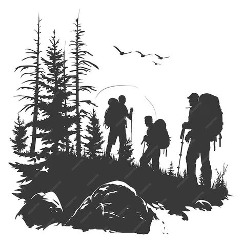 Premium Vector | Silhouette camp activity in nature full body black color only Trekking Illustration, Scout Drawing, Hiking Silhouette, Camping Tattoo, Wooden Spoon Crafts, Inktober 2024, Spoon Crafts, Vector Silhouette, Hiking Shirt