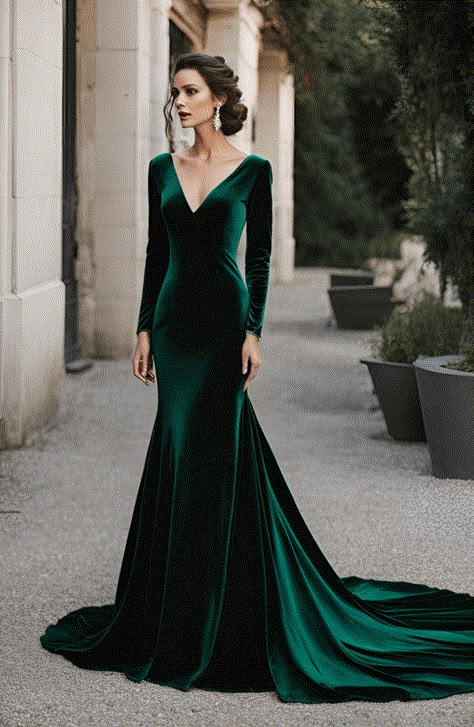 Dark Green Bridesmaid Dresses Long Sleeve, Xmas Wedding Dress, Dark Green Dress Aesthetic, Green Velvet Wedding Dress, Sheath Wedding Dress With Sleeves, Dark Green Wedding Dress, Non White Wedding Dress, Alternative Wedding Dress Color, Wedding Dress Velvet