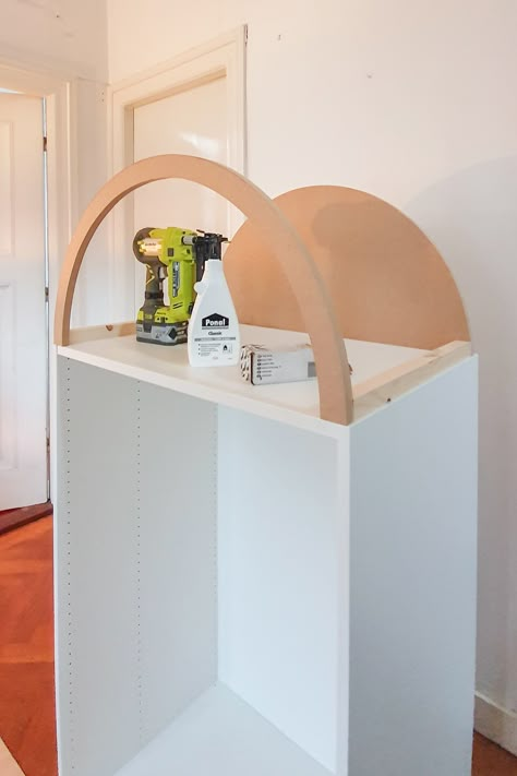 Diy Arched Cabinet, Arched Cabinet, Arch Cabinet, Curved Cabinets, Ikea Billy Bookcase Hack, Bookcase Diy, Reeded Glass, Ikea Billy Bookcase, Ikea Furniture Hacks