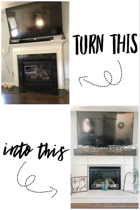 Fireplace Makeover Mantle, How To Build A Raised Fireplace Hearth, Adding Molding To Fireplace, Build A Gas Fireplace Surround, Black Builder Grade Fireplace, How To Replace A Fireplace Mantel, How To Redo Fireplace Mantle, Fireplace Makeover Craftsman Style, Plain Fireplace Makeover