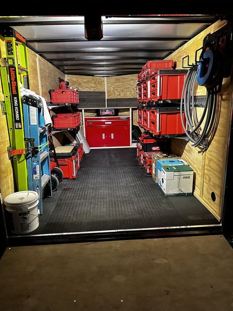 Enclosed Trailer Shop Ideas, Milwaukee Packout Trailer, 6x12 Enclosed Trailer Ideas, Cargo Trailer Organization, Cargo Trailer Storage Ideas, Enclosed Trailer Ideas Tools, Work Trailer Organization, Job Trailer Organization, Cargo Trailer Shelving Ideas