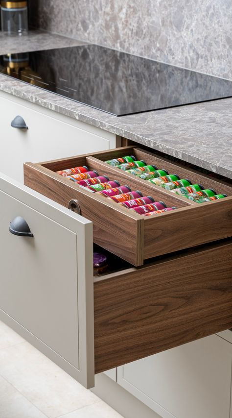 Have you ever seen a Spice Drawer more satisfying?  Level up your kitchen organising game and opt for kitchen drawers that have hidden internal drawers for your cutlery or spices.  The displayed configuration holds 27 39g Schwartz Spice containers which means that you never have to worry about where to put all of your herbs and spices again.  Get more kitchen storage and organisation ideas: Kitchen Drawer Organization Utensils, Organize Kitchen Drawers, Kitchen Drawer Organiser, Kitchen Cabinet Inspiration, Unique Kitchen Design, Cabinet Inspiration, Larder Unit, Organize Kitchen, Kitchen Spice Racks