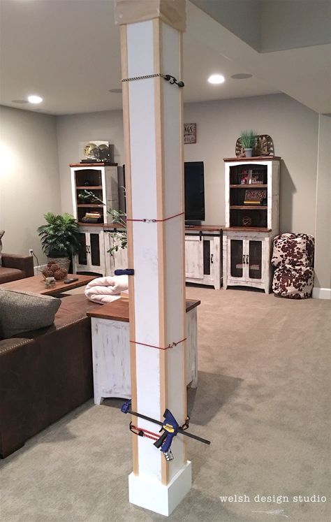 Diy Interior Columns, Wood Wrapped Columns, Basement Column Ideas, Pole Wrap Ideas, Wood Column Wrap, Indoor Columns, Kitchen Column, Interior Pillars, Columns Interior