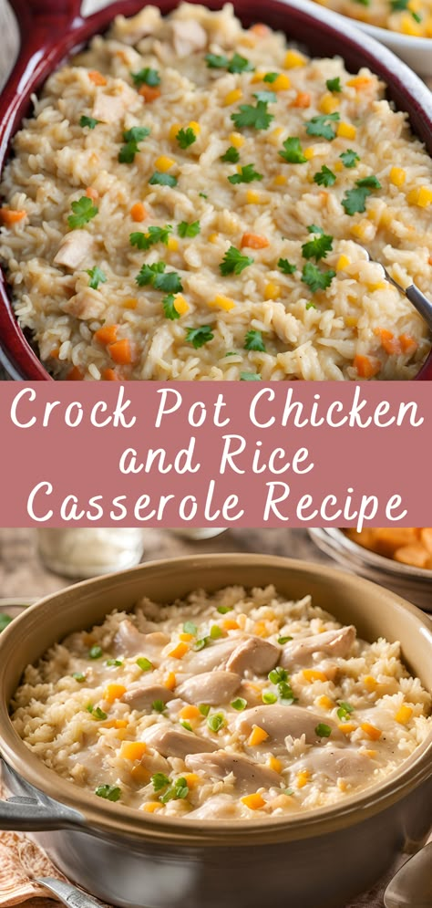 Crock Pot Chicken and Rice Casserole Recipe | Cheff Recipes Quick Dinners Crockpot, Crock Pot Chicken Rice Casserole, Chicken Rice Sour Cream Casserole, Cream Of Chicken And Rice Casserole Crock Pot, Chicken And Rice In The Crockpot Recipes, Crock Pot Chicken And Brown Rice, Crock Pot Recipes With Rice, Crockpot Chicken And White Rice, Chicken And Rice Crock Pot Meals