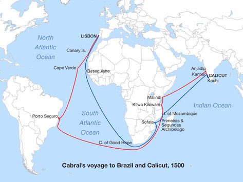 Route taken by Cabral from Portugal to India in 1500 (in red), and the ...