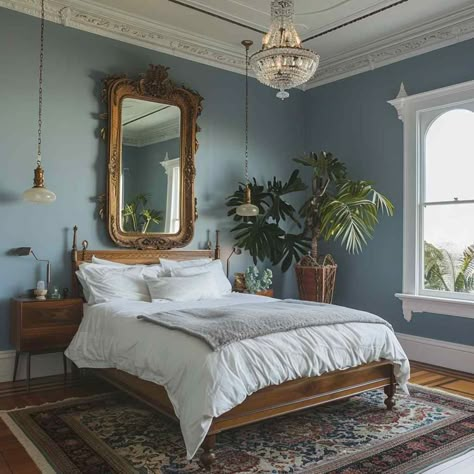 Classic Bedroom Inspirations, Modern Victorian Homes Interior Master Bedrooms, Victoria Bedroom Ideas, Circle Mirror Above Bed, Victorian House Bedroom Ideas, Contemporary Victorian Bedroom, Victorian Boho Bedroom, Art Nouveau Bedroom Interior Design, 1920s Bedroom Aesthetic