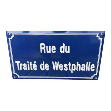 French blue and white enamel road sign Rue Westphalie French Road Signs, All Road Signs, French Signs, Copper Taps, French Street, 24 October, Traffic Signs, Road Sign, Man Cave Garage