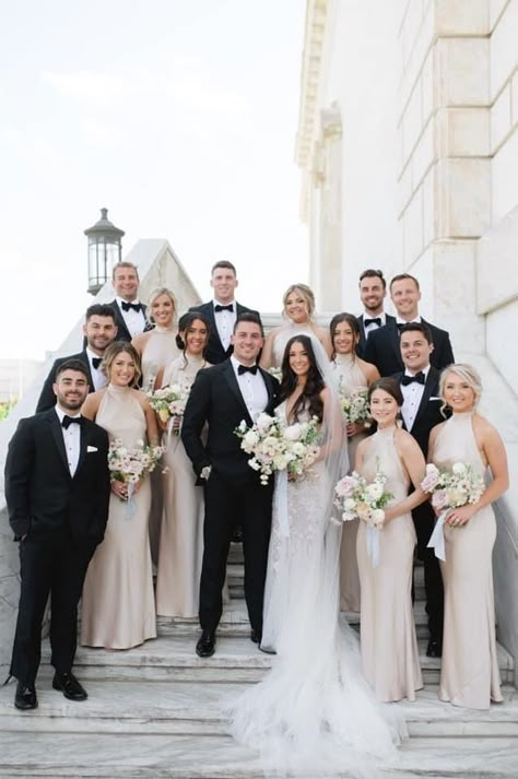 Champagne Bridemsaid Dresses, Formal Wedding Groomsmen, Classic Elegant Bridesmaid Dresses, Sand Color Bridal Party, 10 Bridesmaids And Groomsmen, Neutral Wedding Venue Decor, Wedding Day Pictures Bridal Party, Bridal Party At Alter, Riley Thomas Wedding