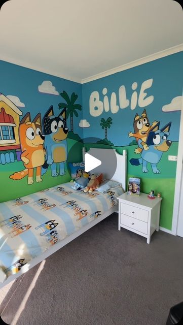 Maggie Brennan on Instagram: "The Bluey bedroom when it was first done. Its been over a year and she still loves it!  #bluey #mural #decor #diy #home #family" Boy Toddler Bedroom, Toddler Girl Room, Bedroom Murals, Big Boy Room, Bedroom Paint, Boys Bedrooms, Boys Room Decor, Toddler Room, Boy's Bedroom