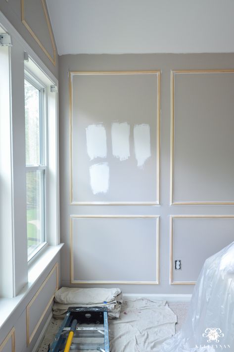 One Room Challenge- Week 2: Paneled Bedroom Walls and the Painting Begins! | Kelley Nan Paneled Bedroom, Wall Molding Living Room, Living Room Panelling, Wall Paneling Diy, Wall Panels Bedroom, Accent Wall Bedroom, Bedroom Panel, Wall Panelling, Wall Trim