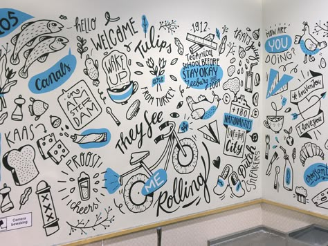 Stayokay Hostel Amsterdam opened a coffee/breakfast corner and they asked us to cheer the place up with a mural. The illustrations are about Amsterdam, the hostel itself, coffee, snacks and some fa... Food Mural Art, Doodle Wall Mural, Wall Art Office Work Spaces, Doodle Mural, Wall Doodle, Food Mural, Wall Doodles, Wall Graphics Design, Doodle Wall