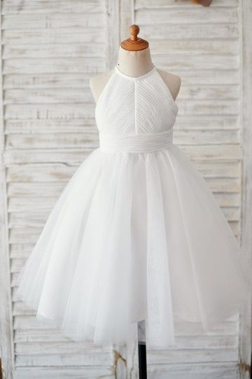 Princessly.com-K1003893-Ivory Chiffon Tulle Halter Neck Keyhole Back Wedding Flower Girl Dress-20 Little Bride Dress Kids, Mini Bride Dress Kids, White Flower Girl Dresses Simple, Elegant Sleeveless Tulle First Communion Dress, Sleeveless Tulle First Communion Dress, Flower Girl Dresses White, Off White Flower Girl Dresses Ivory, Ivory Tulle Skirt, Chiffon Flower Girl Dress