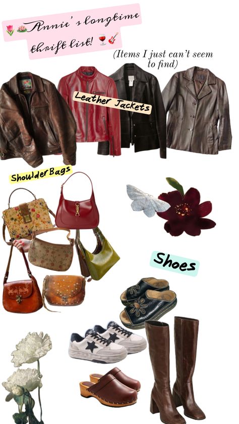 Annie’s longtime thrift list 🍷 (ramble in description:) ) #leatherjacket #sandal #thrift #thrifting #vintage #outfitinspo Thrift Clothes Outfits, Ashlee Core, Thrifted Outfits Vintage, Thrift Finds Clothes, Thrifting Inspiration, Thrifting Vintage, Thrift List, Thrift Ideas, Thrift Wishlist