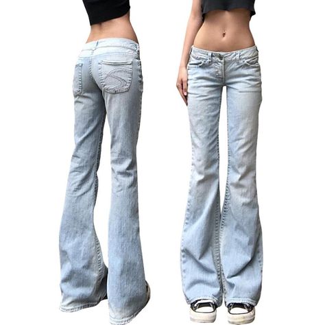 Y2K Lowrise Flared Jeans early 2000s light wash... - Depop Lowrise Y2k Jeans, Loose Flare Jeans, Low Rise Light Blue Jeans, Low Jeans 2000s, Flare Light Jeans Outfit, G Rise Jeans, Flared Jeans 2000s, Flare Jeans Light Wash, Low Flare Jeans