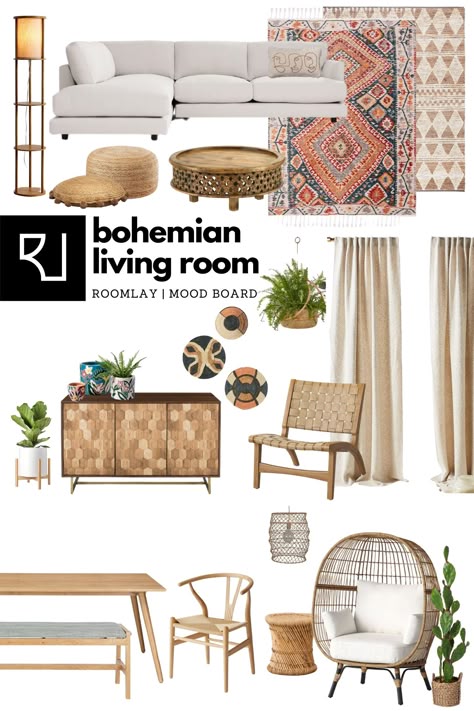 We created bohemian furniture mood board; Boho Rug / Boho Planter / Bohemian Furniture / Bohemian Decor / Boho Ottoman / Boho Dining Set #bohomoodboard #boholivingroom Dining Room Bohemian Style, Bohemian Living Room Mood Board, Boho Mood Board Living Room, Rug Mood Board, Bohemian Style Interior Design Mood Board, Bohemian Style Mood Board, Bohemian Furniture Living Room, Boho Interior Mood Board, Bohemian Interior Design Mood Board