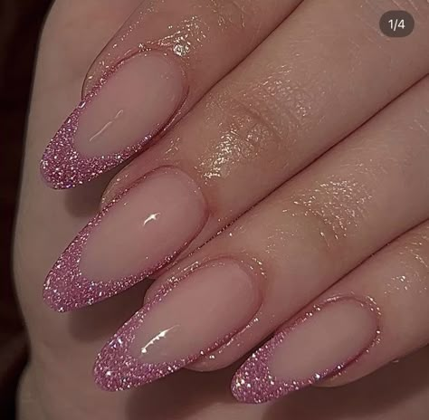 Glitter French Tips Acrylics Almond, Glitter Tips Almond Nails, Almond French With Glitter, Nail Inspo Pink Almond, Almond French Tip Nails With Glitter, Pink Glitter French Tips Almond, Pink Bday Nails Almond, Almond Nails Glitter French Tip, Almond Glitter French Tip Nails