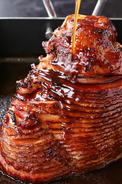 Bourbon Glazed Ham is a holiday favorite! A sweet caramelized glaze paired with the smoky taste of bourbon baked into layers of tender ham. Bourbon Ham Glaze, Bourbon Glaze Recipe, Ham Glazes, Glaze Ham, Bourbon Glazed Ham, Christmas Ham Recipes, Ham Sauce, Brown Sugar Ham, Ham Glaze Brown Sugar