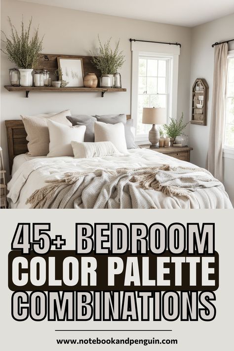 Did you know that colors can affect your mood and energy levels? Choose the right bedroom color scheme and wake up feeling refreshed and revitalized Explore our collection of 45+ bedroom color scheme ideas and discover the perfect palette to boost your mood and transform your bedroom into a happy haven. #BedroomColorSchemeIdeas #MoodBoost #ColorTherapy #HappyHaven Gray Furniture Bedroom Color Combos, Color Combos With Gray, Grey Walls Bedroom Color Schemes, Organic Modern Bedroom Color Palette, Magnolia Bedroom Ideas Color Schemes, Bedding Color Scheme Ideas, Bedroom Sheets Ideas Color Schemes, Color Scheme Bedroom Ideas, Taupe Bedroom Colour Schemes