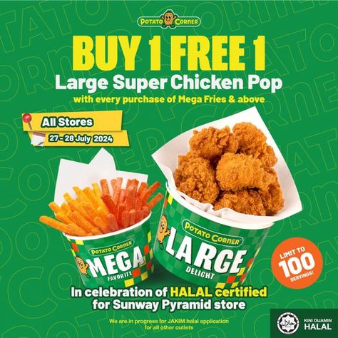 Potato Corner Promotion: Buy 1 FREE 1 Large Super Chicken Pop (27-28 July 2024) Buy 1 Get 1 Free Design Poster, Food Promotion Design, Potato Corner, Chicken Pop, Buy 1 Free 1, Pop Ads, Food Promotion, Feed Ig, Social Media Promotion