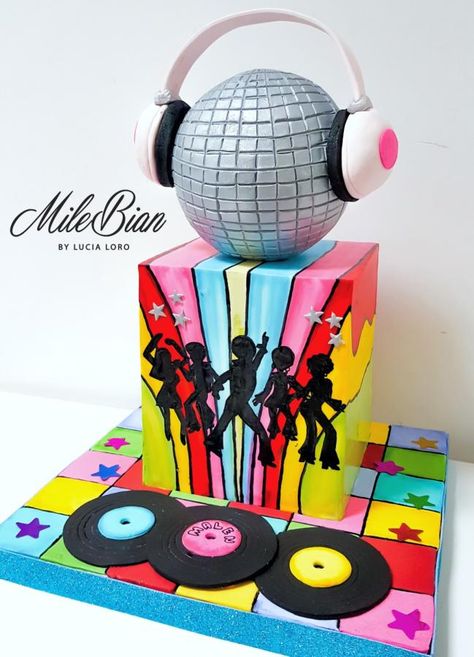 Handpainted Disco Party  by MileBian Festa Rock Roll, Disco Cake, 70s Party Theme, Music Cakes, Barrel Cake, 70s Disco Party, Dance Party Birthday, Disco Birthday Party, Disco Theme