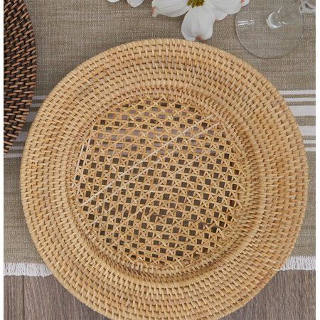 HANDMADE RATTAN CHARGER PLATES, SET OF 4  Add texture and style to your dinner table with this Handmade Rattan Charger. This natural decorative charger features a simple woven design creating a farmhouse or modern rustic look that will easily blend with your existing decor. These round charger plates are the perfect choice to protecting your dining table from a hot plate or saucy spill, or just adding a decorative touch beneath your dinnerware. PERFECT DCOR CHARGERS  At 13 inches in diameter, th Rattan Charger Plate, Hosting Holiday Party, Woven Charger, Rattan Charger, Brick Decor, Thanksgiving Table Settings, Elegant Table Settings, Family Dinners, Charger Plates