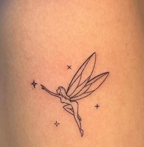 Small Symbolic Tattoos With Meaning, Small Fairies Tattoo, Fairy Line Art Tattoo, Fairy Behind Ear Tattoo, Well Be A Fine Line Tattoo, Fine Line Simple Tattoo, Small Fairy Tattoos Simple, Tattoos Simple Meaningful, Minimal Fairy Tattoo