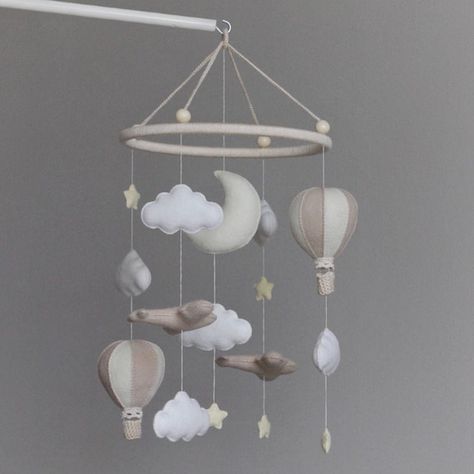 Baby Mobile Eco-friendly Toy Newborn Gift Nursery Dercor | Etsy Crib Mobile Girl, Hanging Balloons, Balloons White, Pastel Beige, Balloon Mobile, Mobile Hanger, Balloon Clouds, Baby Boy Mobile, Cloud Mobile