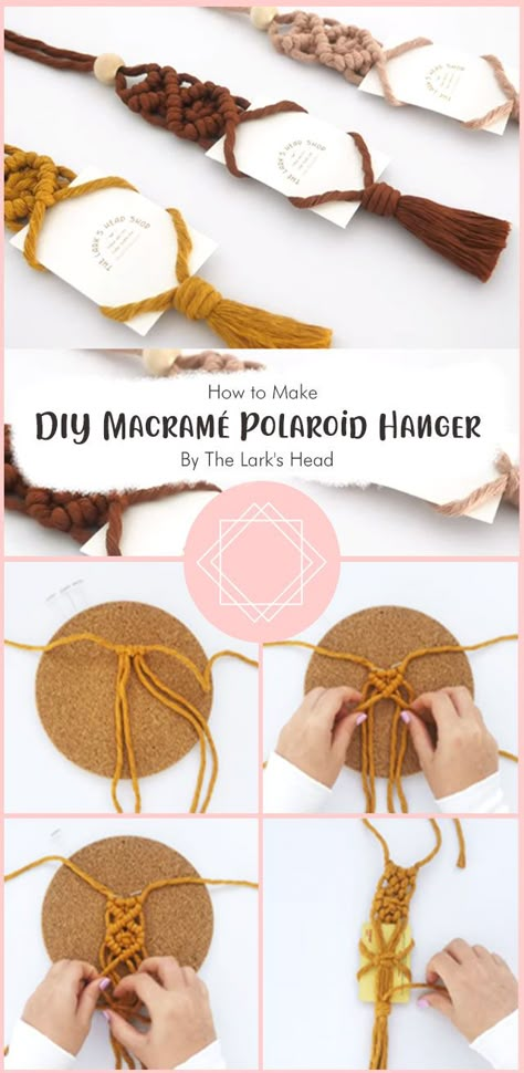 This simple yet elegant craft project combines the art of macrame with the charm of polaroid pictures, resulting in a unique and personalized piece that will catch the eyes of anyone. In tutorial, “The Lark’s Head” will guide you through the step-by-step process of creating your very own DIY macrame polaroid hanger. Macrame Photo Holder Diy, Small Macrame Dream Catcher, Macrame Polaroid Hanger, Polaroid Hanger, Macrame Photo Wall Hanging, Yarn Feathers, Macrame Pouch, Knot Techniques, Hat Holders