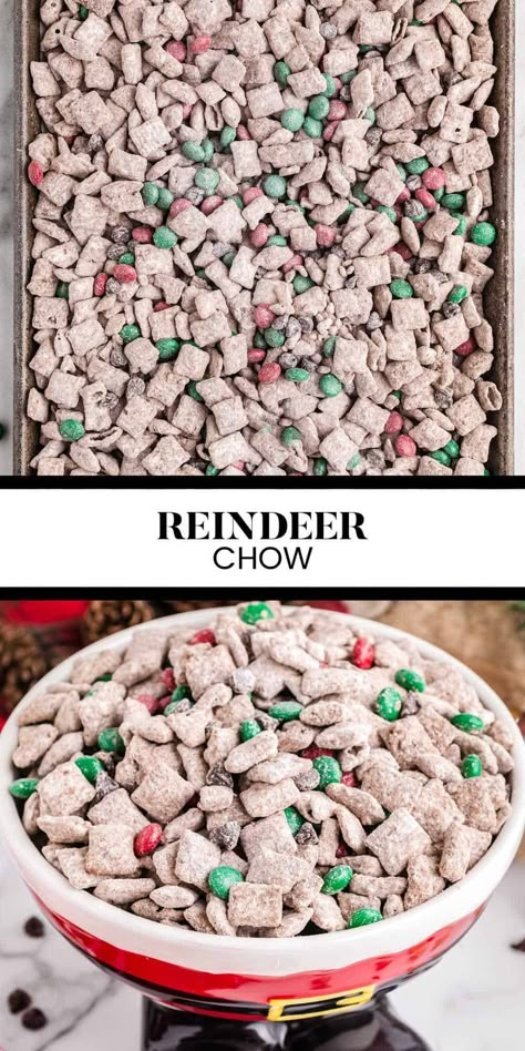 Reindeer Chow - This sweet and salty Christmas Chex Mix is a must-make Christmas treat for the holiday season. It's easy to make, festive and makes a colorful edible gift. Puppy Chow Christmas Reindeer Food, Trail Mix Recipes Christmas, Xmas Puppy Chow, Buddy The Elf Chex Mix Recipe, Christmas Chow Mix Reindeer Food, Reindeer Mix Recipe Christmas Snacks, Reindeer Mix Recipe, Reindeer Munch, Christmas Muddy Buddies Recipe