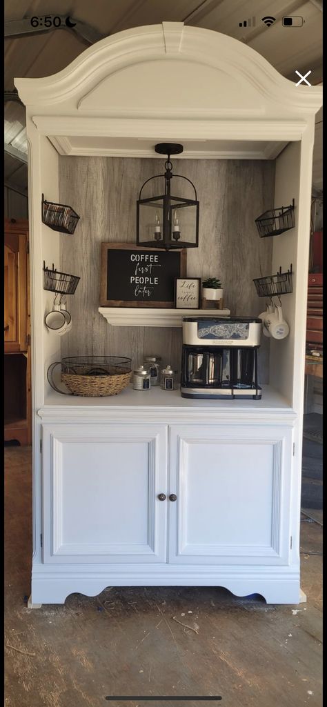 Coffee Hutch Ideas, Armoire Coffee Bar, Coffee Hutch, Bars In Kitchen, Bar For Home, Coffee Cabinet, Hutch Ideas, Diy Furniture Flip, Coffee Bar Station