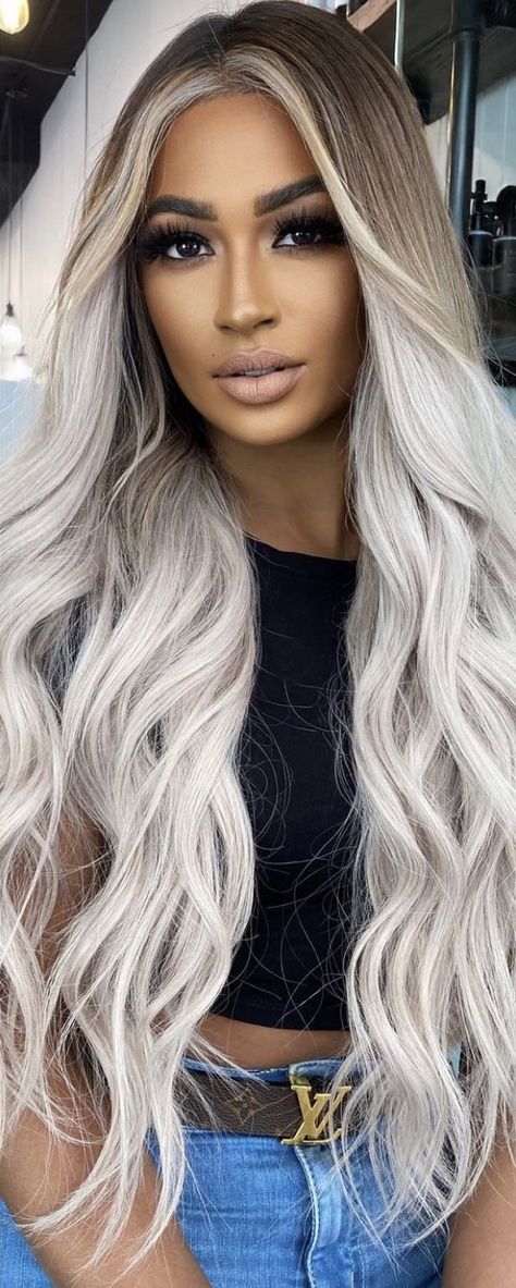 White Balayage Hair, Silver Platinum Hair Dark Roots, Brown To Platinum Balayage, Icy Platinum Blonde Balayage Dark Roots, Icy Ash Blonde Hair Dark Roots, Platinum Balayage Dark Roots, Platinum Blonde Balayage On Dark Hair, Platinum Blonde Hair With Dark Roots, Ice Blonde Hair With Dark Roots