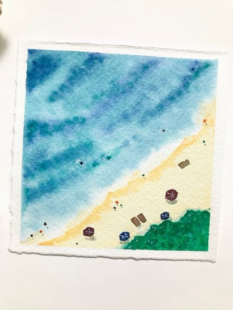 Beach Side Painting, Beach Landscape Watercolor, Beach Watercolor Ideas, Mini Painting Watercolor, Watercolor Mini Landscapes, Easy Things To Watercolor Paint, Beach Watercolour Painting, Simple Beach Watercolor, Watercolor Easy Paintings For Beginners