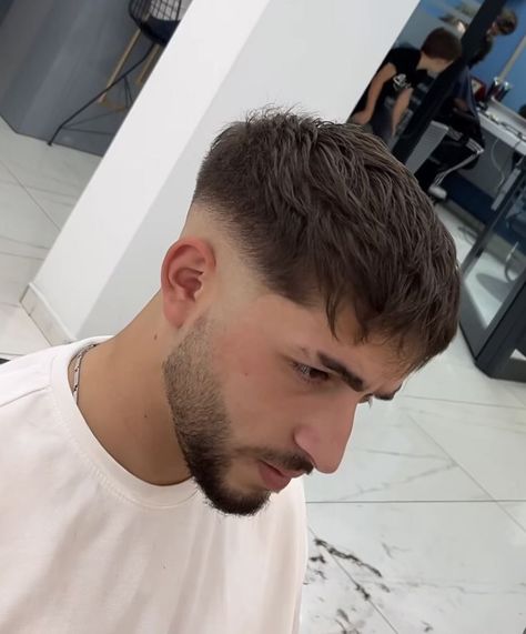 Short Haircut For Man, Mid Skin Fade Fluffy Fringe, French Cop Hairstyle, Taper Cut Men, Short Fringe Haircut Men, Mid Fade Haircut Men, Fringe Haircut Men, Skin Fade Haircut Men, Short Hair Fade