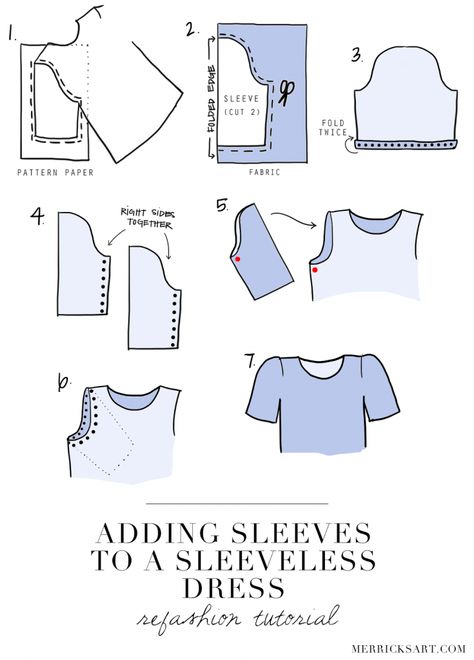 DIY FRIDAY: ADDING SLEEVES TO A SLEEVELESS DRESS (REFASHION TUTORIAL) - Merrick's Art Syprosjekter For Nybegynnere, Pola Blus, Diy Sy, Sewing Sleeves, Sewing Alterations, Add Sleeves, Sew Ins, Sewing Lessons, Pattern Drafting