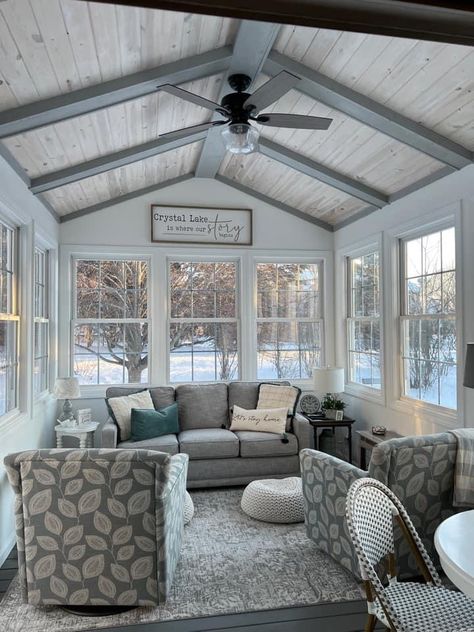 Sunroom Back Porch, Sunroom Off Of Kitchen, Florida Room Addition, 3season Rooms Sunrooms, Sunroom Screen Porch Combo, Converting Porch To Sunroom, Long Narrow Sunroom Ideas, 3 Season Room Furniture Ideas, Four Season Room Decorating Ideas