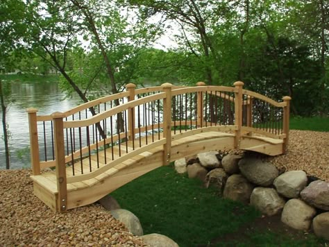 Landscape bridge | Pedestrian Bridge, BJ style 16 foot bridge Wooden Bridge Garden, Yard Bridge, Garden Bridge Design, Backyard Bridges, Outdoor Bridges, Bridge Ideas, Pond Bridge, Kolam Koi, Wooden Bridge