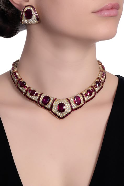 Ruby and diamond demi-parure | Important Jewels | Jewelry | Sotheby's Daenys Targaryen, Jewel Choker, Ruby Necklace Designs, Ruby Diamond Necklace, Ruby Jewelry Necklaces, Amethyst Bangle, Ruby And Diamond Necklace, The Bling Ring, High Jewelry Ring