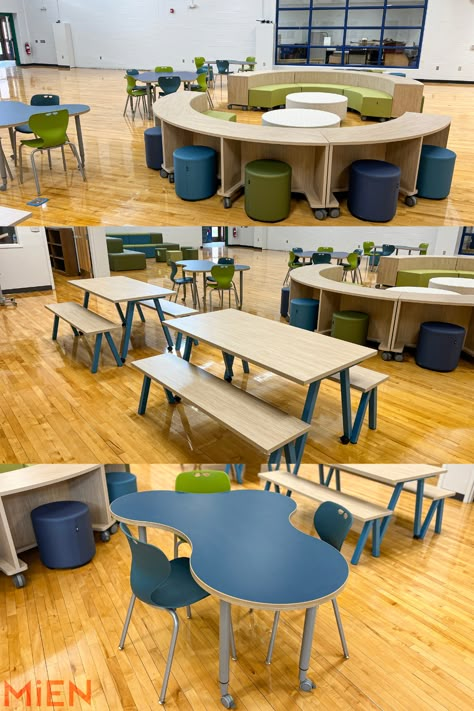 Foster Heights common area is an ideal flexible learning environment providing students ownership of this space. Visit our website to view all the install images. #MiEN #k12education #highereducation #design #furniture #21stcenturylearning #learning #schooldesign #collaboration #students #teachers #softseating #schoolfurniture #activelearning #activefurniture School Multipurpose Room Design, Flexible Classroom Design, Collaborative Workspace Design, Classroom Arrangement Ideas, Outdoor Study Space, Classroom Furniture Ideas, Library Furniture School, School Furniture Design, 21st Century Learning Spaces