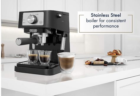 De'Longhi Stilosa Manual Espresso Machine, Latte & Cappuccino Maker, 15 Bar Pump Pressure + Milk Frother Steam Wand, Black / Stainless, EC260BK, 13.5 x 8.07 x 11.22 inches. #commissionsearned Cafe Express, Espresso Pods, Cappuccino Maker, Frothing Milk, Espresso Maker, Ground Coffee, Drip Tray, Espresso Machines, Milk Frother