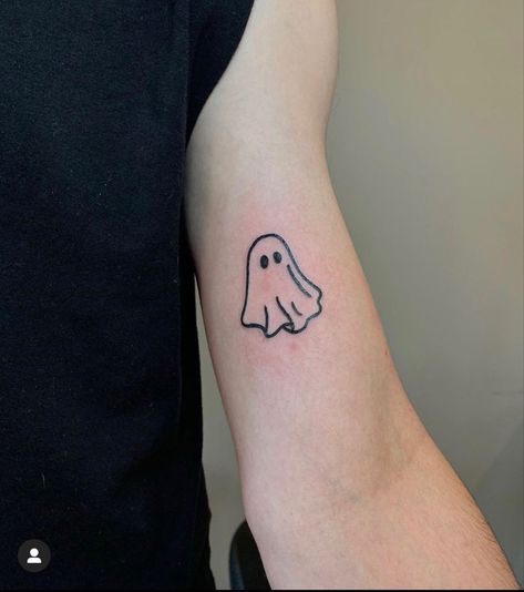 flash by @emma.day on instagram Ghost Ankle Tattoo, Ghost Neck Tattoo, Stick And Poke Ghost, Lil Ghost Tattoo, Ghost With Cowboy Hat Tattoo, Small Ghost Tattoo Simple, Small Halloween Tattoos Simple, Simple Ghost Tattoo, Cowboy Ghost Tattoo