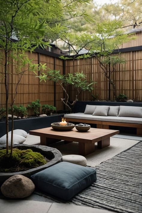 Japanese Style Balcony Garden, Japanese Patio Garden, Japanese Decking, Japanese Outdoor Decor, Japanese Inspired Backyard, Inner Garden Design, Japanese Patio Ideas, Japanese Terrace, Bamboo Backyard