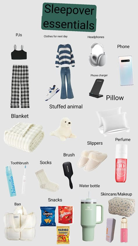 the perfect sleepover #sleepover Stuff For Sleepovers, What To Pack For A Sleepover Checklist, Sleepover Bag Essentials, Sleepover Essentials Packing Lists, Stuff To Bring To A Sleepover, Sleepover Necessities, Plane Trip Essentials, Sleepover Backpack, What To Pack For A Sleepover