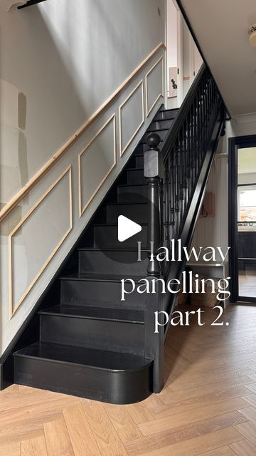 Georgina Raine on Instagram: "✨Hallway panelling part 2 ✨  Mitre shears will be your best friend! ✂️ I’ll link them in my stories along with the mouldings I’ve used. For more info & how to calculate your mouldings, check out my “hallway pt2” highlights   #hallway #hallwayinspo #hallwaydesign #hallwaydecor #hallwaypanelling #panelling #panelledwalls #wainscoting #diy #panellingideas #panelledhallway #howtopanel #diytips #diyhomedecor #hallwayinspiration #blackstairs #staircase" Wall Panels On Staircase, Panelling Up Staircase, Colours For Hallways Stairs, Hallway Panelling Black Stairs, Beading Panelling Hallway, Hallway Millwork Ideas, Wall Panelling On Staircase, Moulding Up Staircase, Hallway Panelling Diy