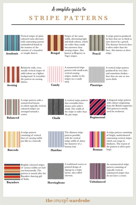 Complete Guide to Stripe Patterns Pinterest - the concept wardrobe Pattern Prompts, The Concept Wardrobe, Fashion Pattern Design, Clothing Fabric Patterns, Textile Pattern Design Fashion, Pattern Design Fashion, Wardrobe Pattern, Concept Wardrobe, Fashion Terminology