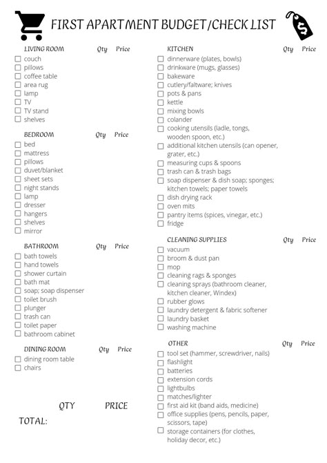 Move In List First House, Basic Home Essentials List, First Apartment Furniture Checklist, First Apartment Decorating List, Move Out Budget First Apartment, List To Move Out First Apartment, Grocery List Moving In, Grocery List Apartment, Lists For Moving First Apartment