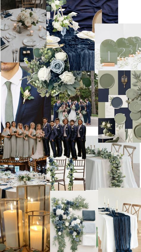 Navy Wedding Theme, Sage Green Wedding Theme, September Wedding Colors, Navy Wedding Colors, Wedding Theme Color Schemes, Blue Green Wedding, Dark Blue Wedding, Wedding Color Pallet, Green Themed Wedding